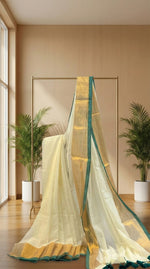 Golden Emerald- White Mul Cotton Saree with Green & Golden Zari Border