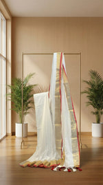 Golden Scarlet - White Mul Cotton Saree with Red Border, Zari Stripe and Tassels