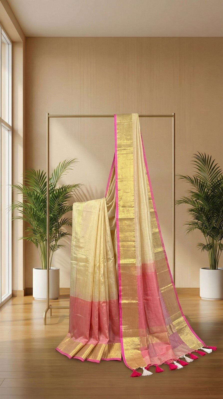 Pink Pearl-Mul Cotton saree with golden border and tassels