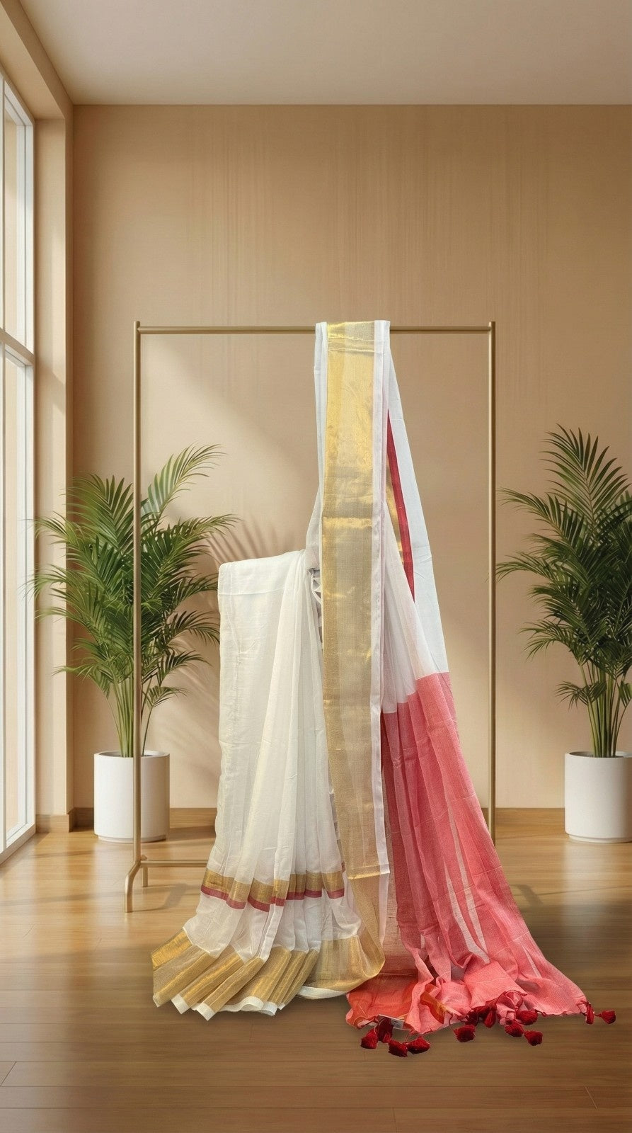 Rose-White Serenity-Mul Cotton saree in White & Rose Pink with Golden Zari Border and Tassel Pallu