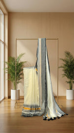 Grey Aura-Mul Cotton Saree with gold & Grey Stripes