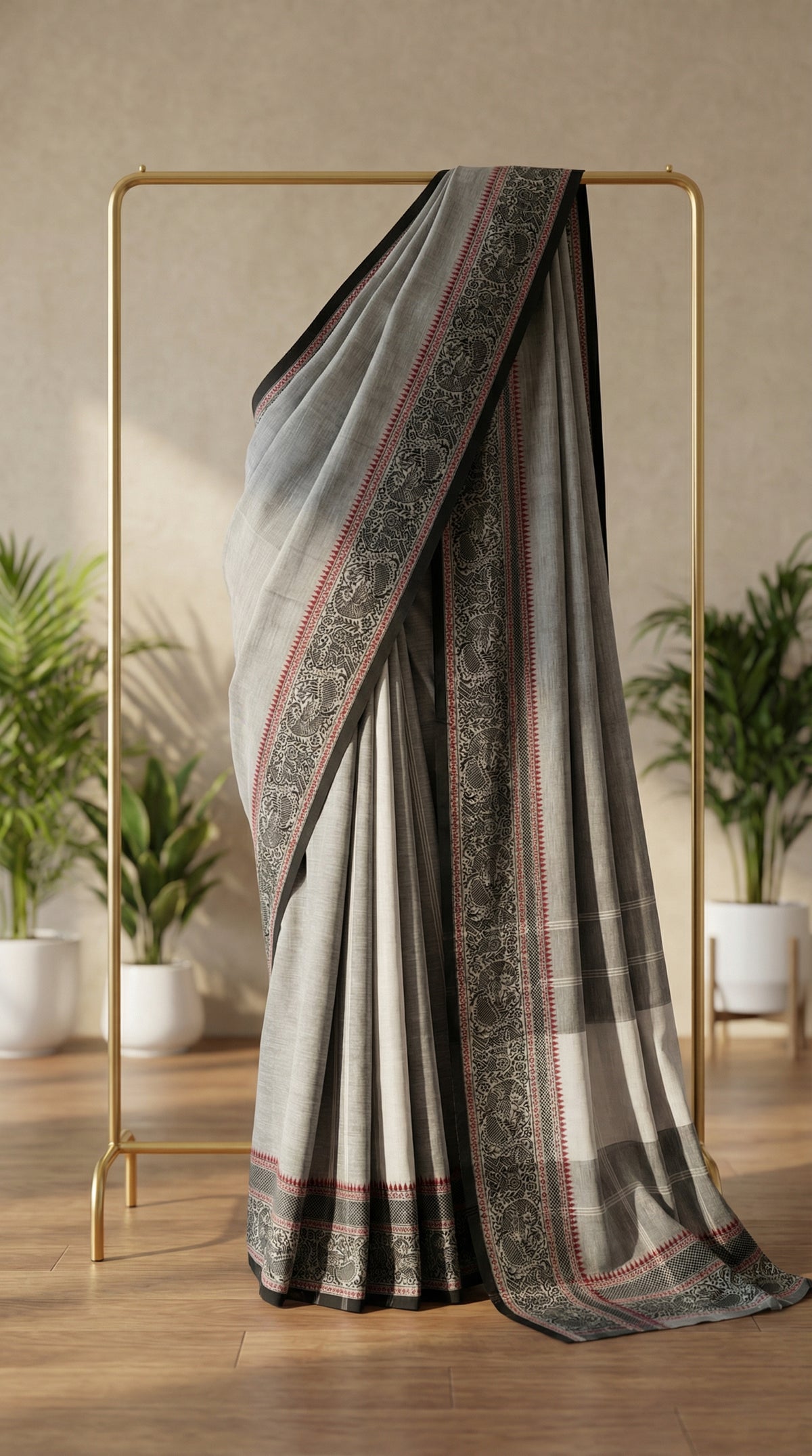 Saambal Mayil- Ash grey Kanchi Cotton Saree