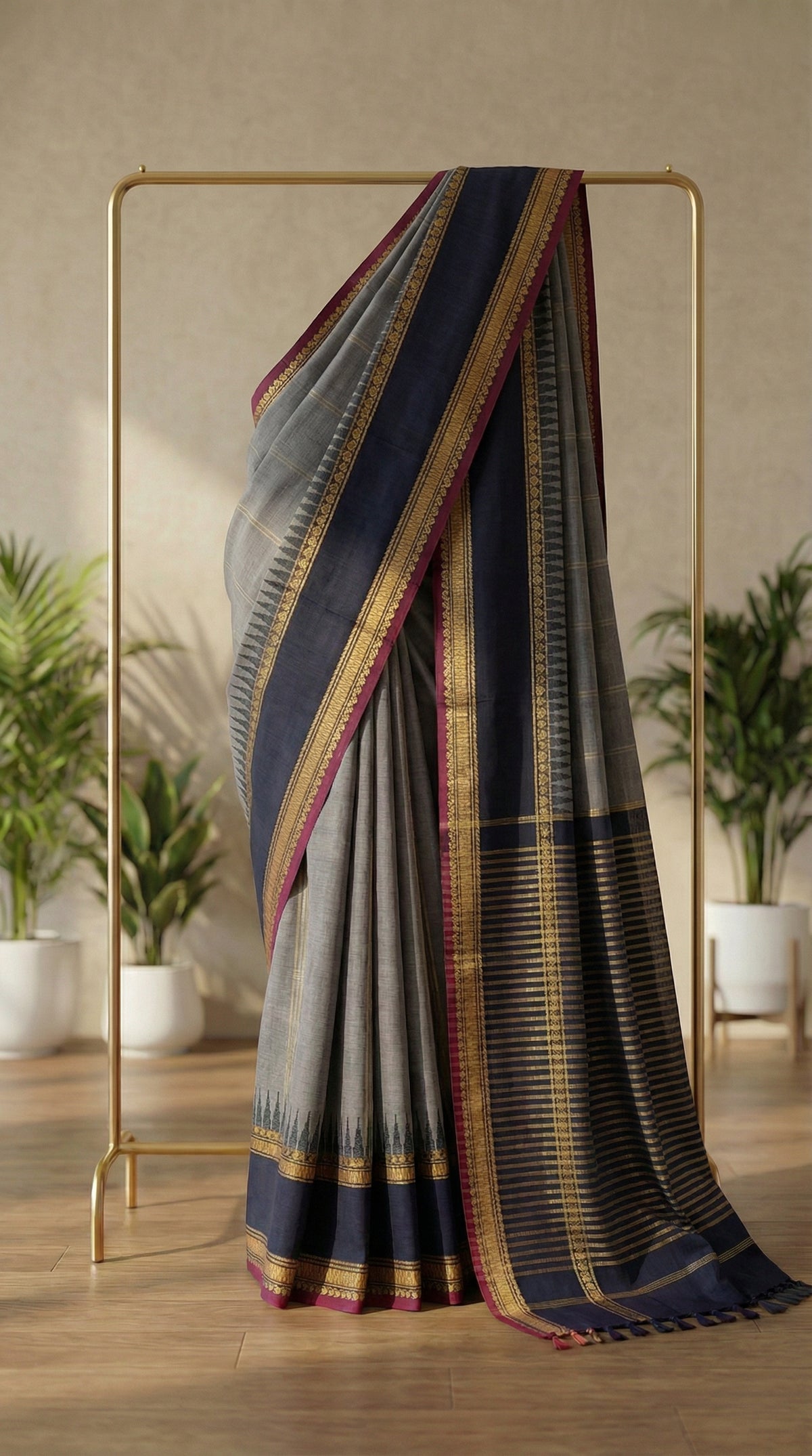 Charcoal Gopuram- Kanchi Cotton Saree