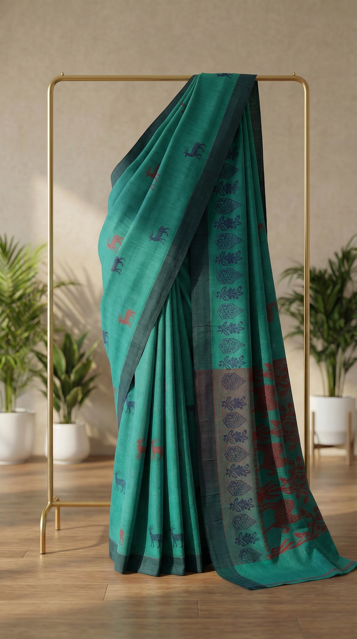 Deer Meadow- Teal Green Kanchi Cotton Saree