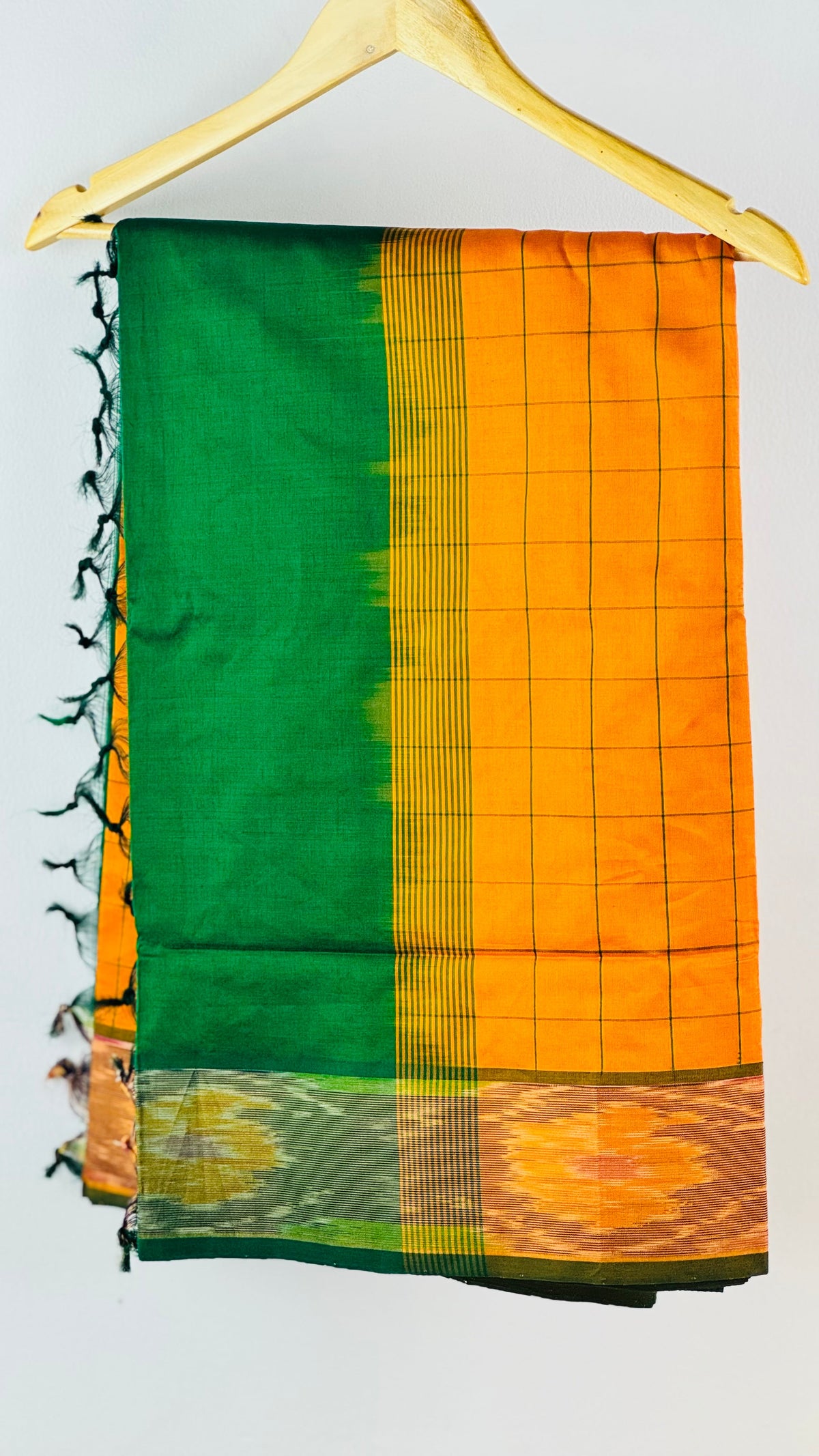 Sundara Sangam - Orange & Green Cotton Silk Saree