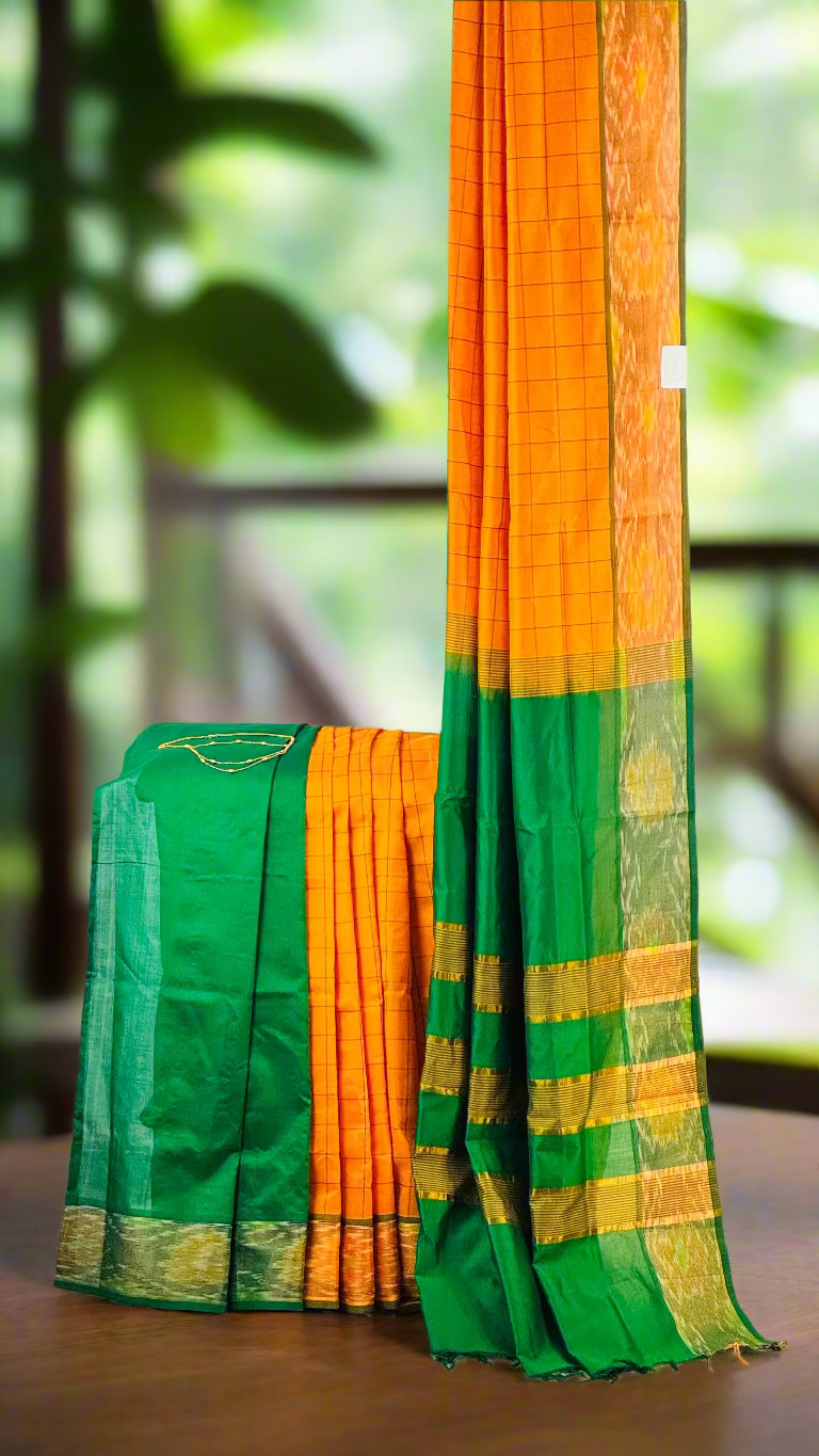 Sundara Sangam - Orange & Green Cotton Silk Saree