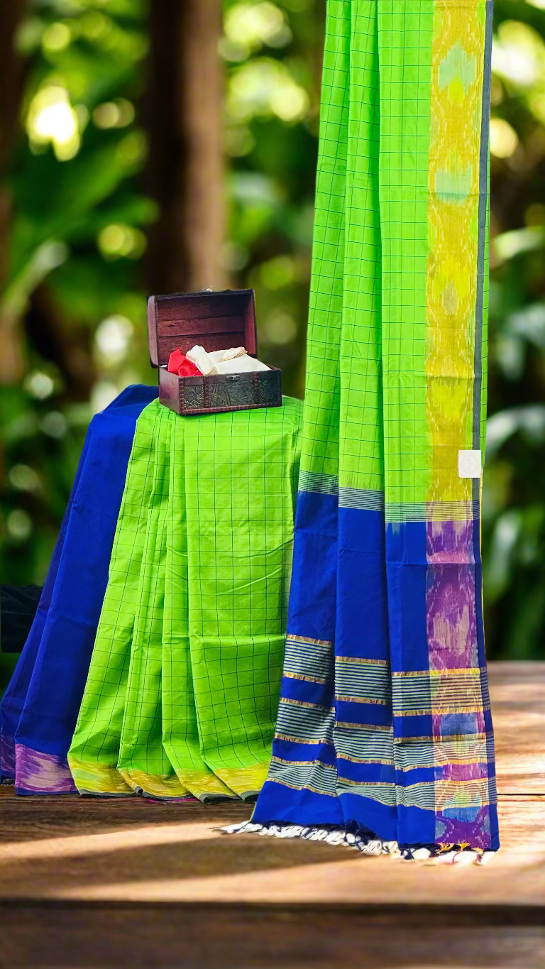 Peacock Glow- Vibrant Green & Purple Cotton Silk Saree