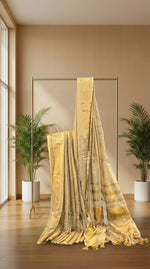 Elegant Linen Tissue Cotton Saree – Golden Beige with Zari Striped Pallu