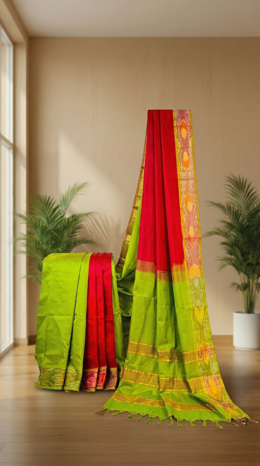 Regal Contrast - Red & Olive Kanchi Cotton Silk Saree