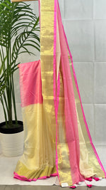 Pink Pearl-Mul Cotton saree with golden border and tassels