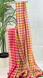 Sunset Carnival-Pink & Olive Checkered Mul Cotton Saree with Tassels