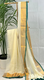 Golden Emerald- White Mul Cotton Saree with Green & Golden Zari Border