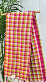 Sunset Carnival-Pink & Olive Checkered Mul Cotton Saree with Tassels