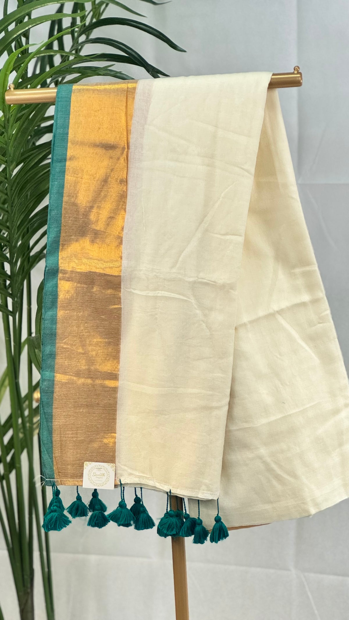 Golden Emerald- White Mul Cotton Saree with Green & Golden Zari Border