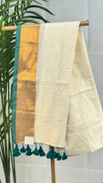 Golden Emerald- White Mul Cotton Saree with Green & Golden Zari Border