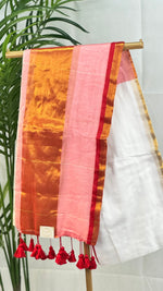 Rose-White Serenity-Mul Cotton saree in White & Rose Pink with Golden Zari Border and Tassel Pallu