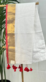 Golden Scarlet - White Mul Cotton Saree with Red Border, Zari Stripe and Tassels