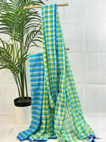 Lagoon Melody- Blue & Green Checkered Mul Cotton Saree with Tassels