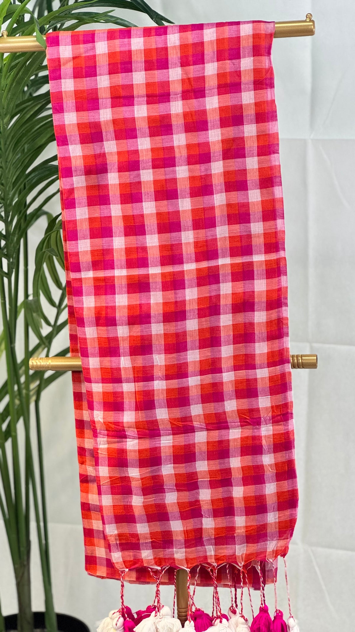 Summer Carnival- Pink & Orange Checkered Mul Cotton Saree with Tassels