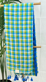 Lagoon Melody- Blue & Green Checkered Mul Cotton Saree with Tassels
