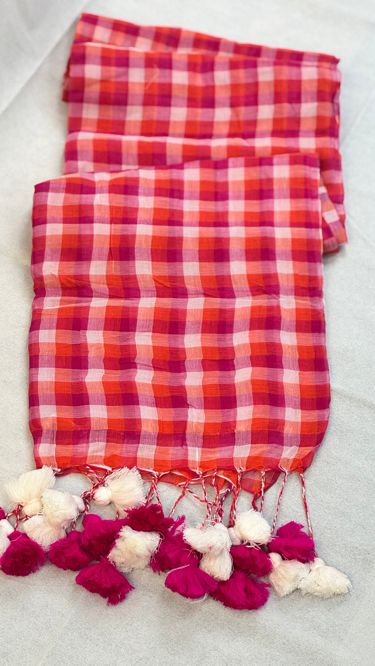 Summer Carnival- Pink & Orange Checkered Mul Cotton Saree with Tassels