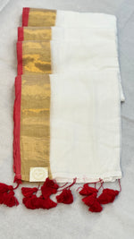 Golden Scarlet - White Mul Cotton Saree with Red Border, Zari Stripe and Tassels