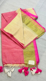 Pink Pearl-Mul Cotton saree with golden border and tassels
