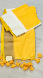 Surya Rekha-Yellow & White Mul Cotton saree with zari border tassels
