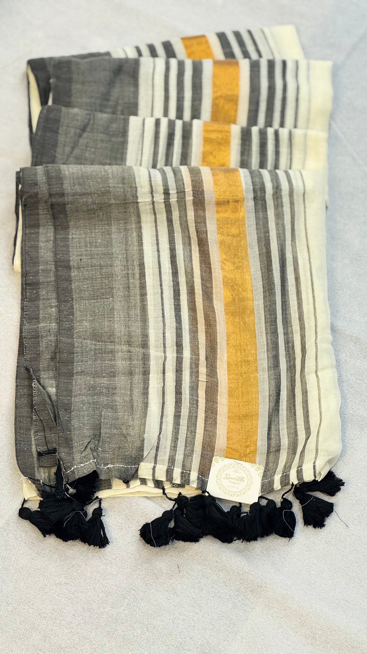 Grey Aura-Mul Cotton Saree with gold & Grey Stripes