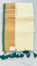 Golden Emerald- White Mul Cotton Saree with Green & Golden Zari Border