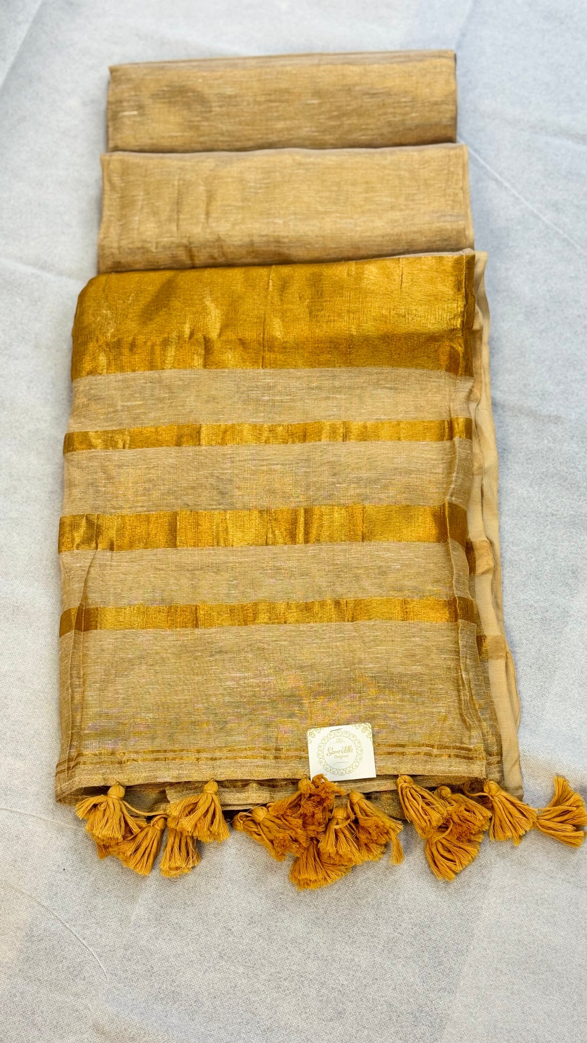 Elegant Linen Tissue Cotton Saree – Golden Beige with Zari Striped Pallu