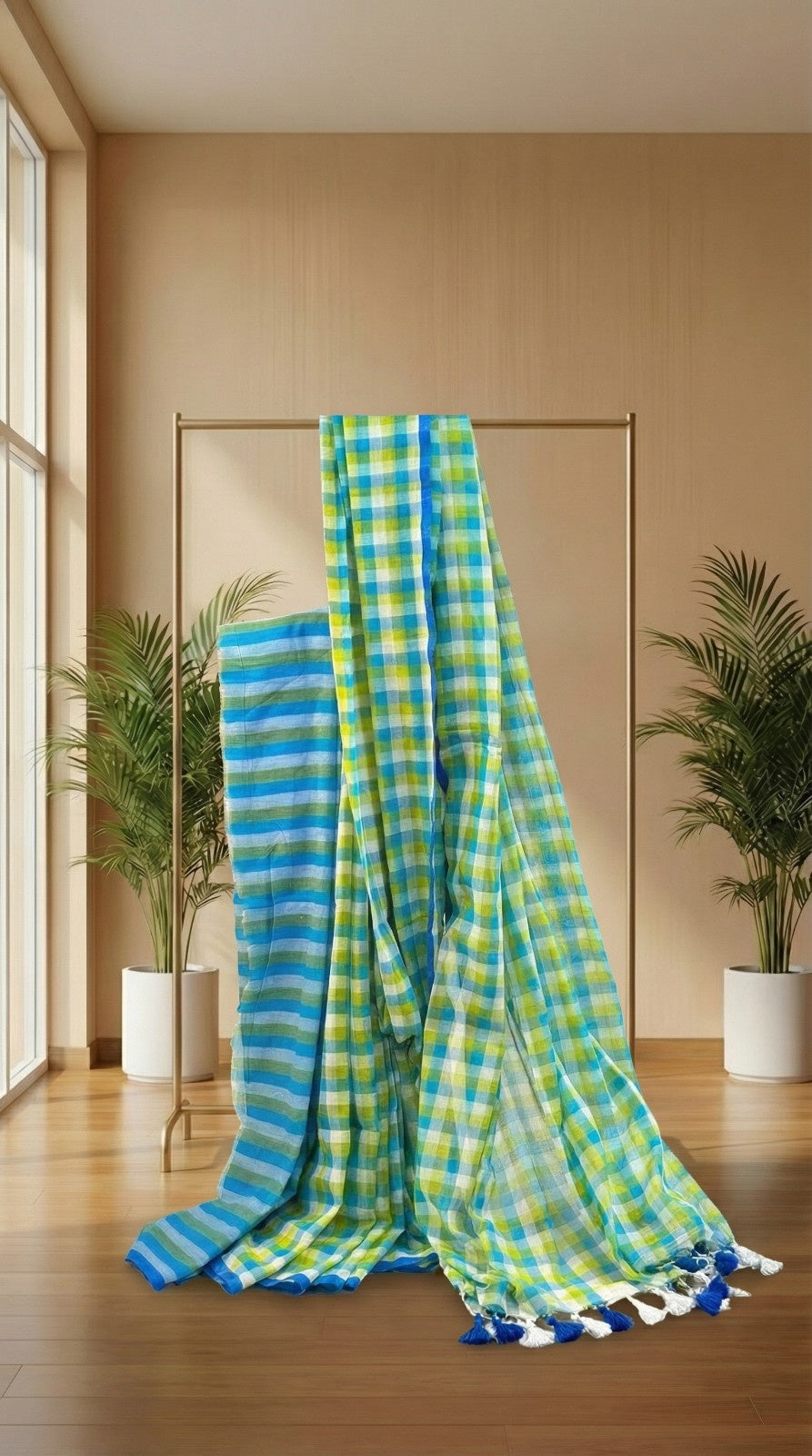 Lagoon Melody- Blue & Green Checkered Mul Cotton Saree with Tassels