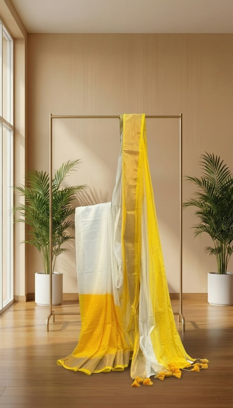 Surya Rekha-Yellow & White Mul Cotton saree with zari border tassels