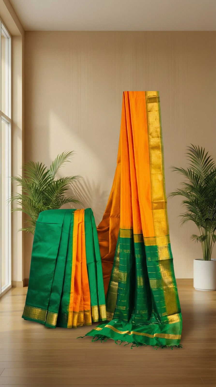 Sunset Harmony - Orange & Green Kanchi Cotton Silk Saree