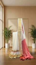 Rose-White Serenity-Mul Cotton saree in White & Rose Pink with Golden Zari Border and Tassel Pallu