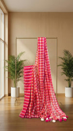 Summer Carnival- Pink & Orange Checkered Mul Cotton Saree with Tassels