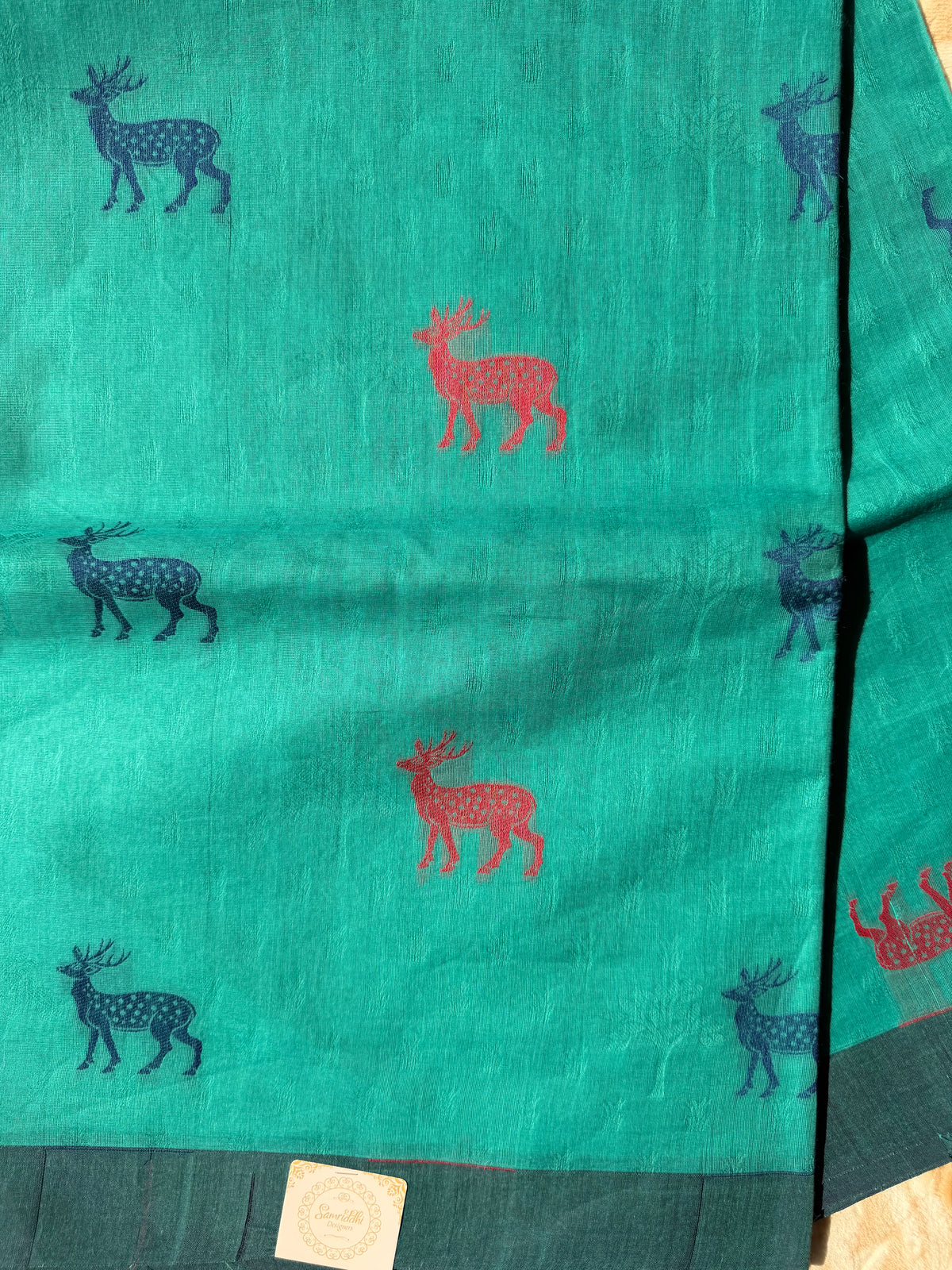 Deer Meadow- Teal Green Kanchi Cotton Saree