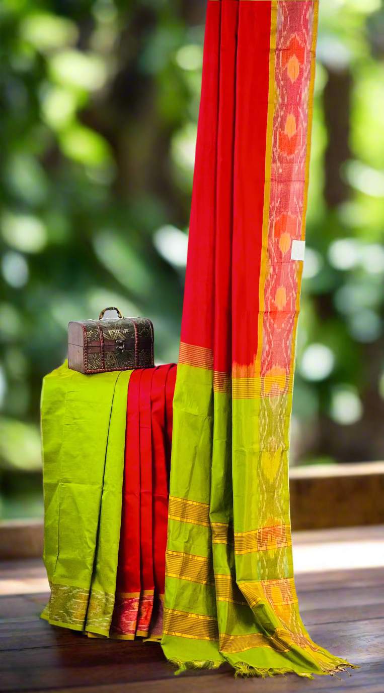 Regal Contrast - Red & Olive Kanchi Cotton Silk Saree