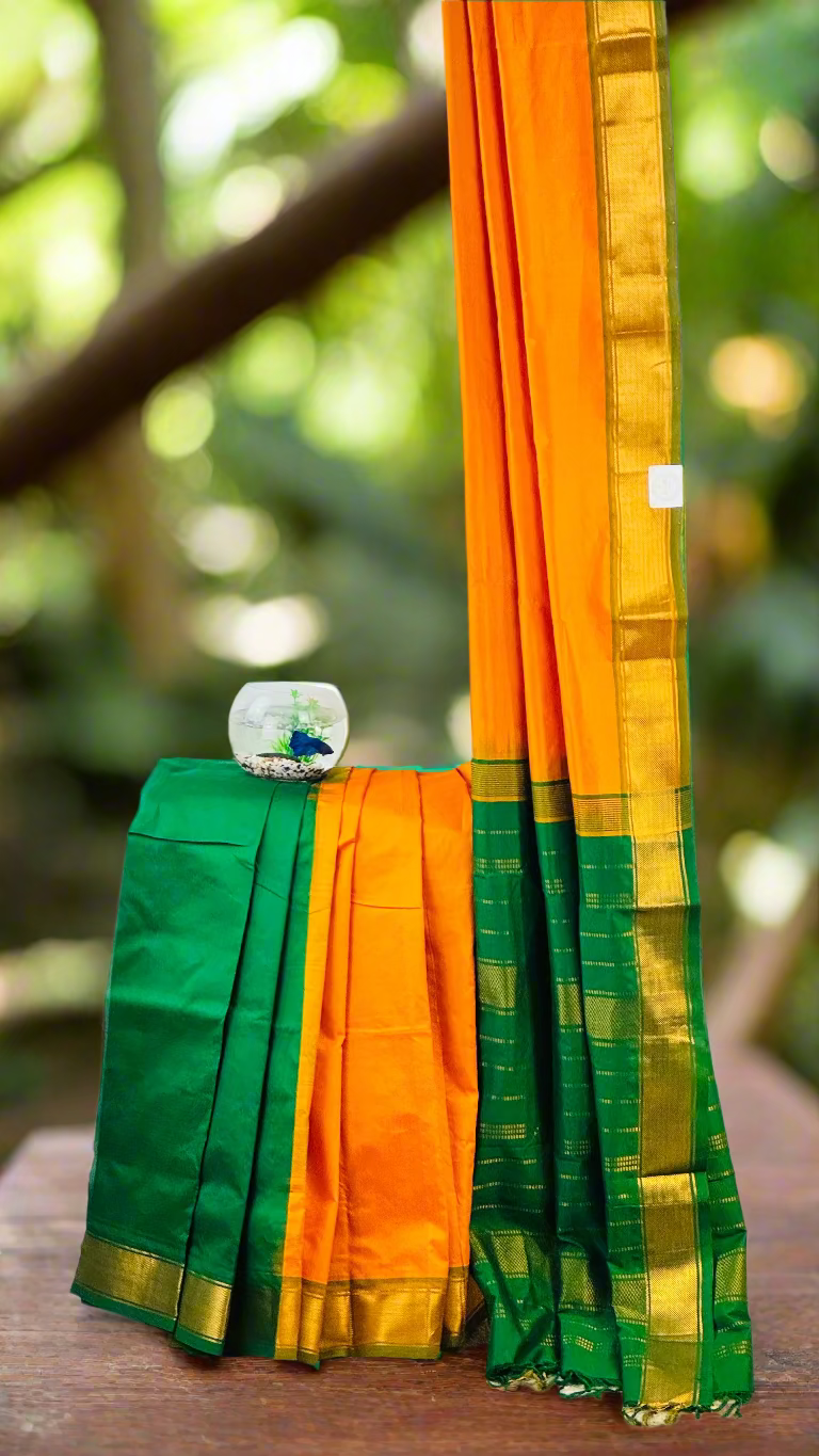 Sunset Harmony - Orange & Green Kanchi Cotton Silk Saree