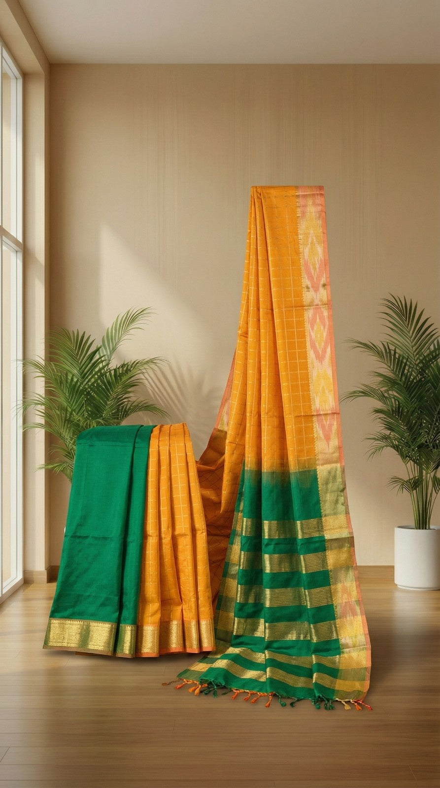 Sundara Sangam - Orange & Green Cotton Silk Saree