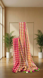 Sunset Carnival-Pink & Olive Checkered Mul Cotton Saree with Tassels