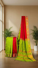 Regal Contrast - Red & Olive Kanchi Cotton Silk Saree