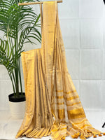 Elegant Linen Tissue Cotton Saree – Golden Beige with Zari Striped Pallu