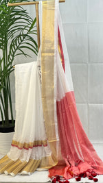 Rose-White Serenity-Mul Cotton saree in White & Rose Pink with Golden Zari Border and Tassel Pallu