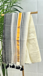 Grey Aura-Mul Cotton Saree with gold & Grey Stripes