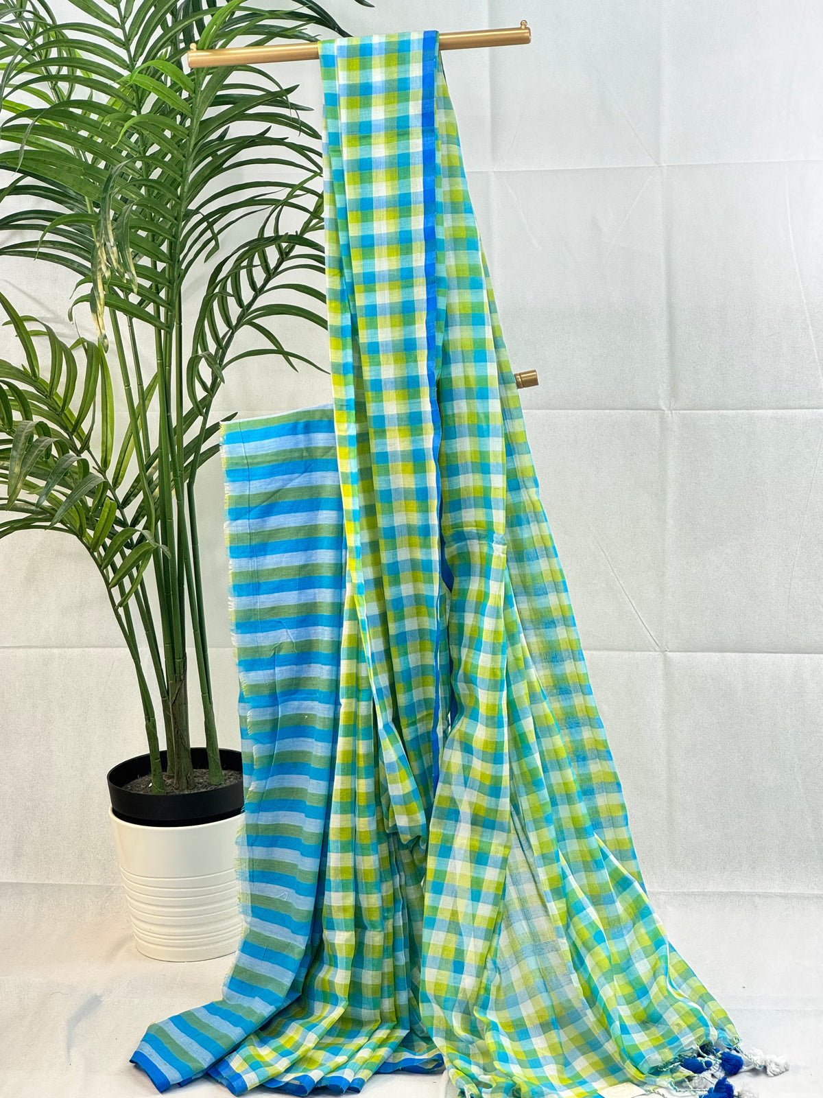 Lagoon Melody- Blue & Green Checkered Mul Cotton Saree with Tassels