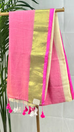 Pink Pearl-Mul Cotton saree with golden border and tassels