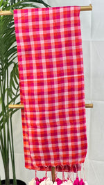 Summer Carnival- Pink & Orange Checkered Mul Cotton Saree with Tassels