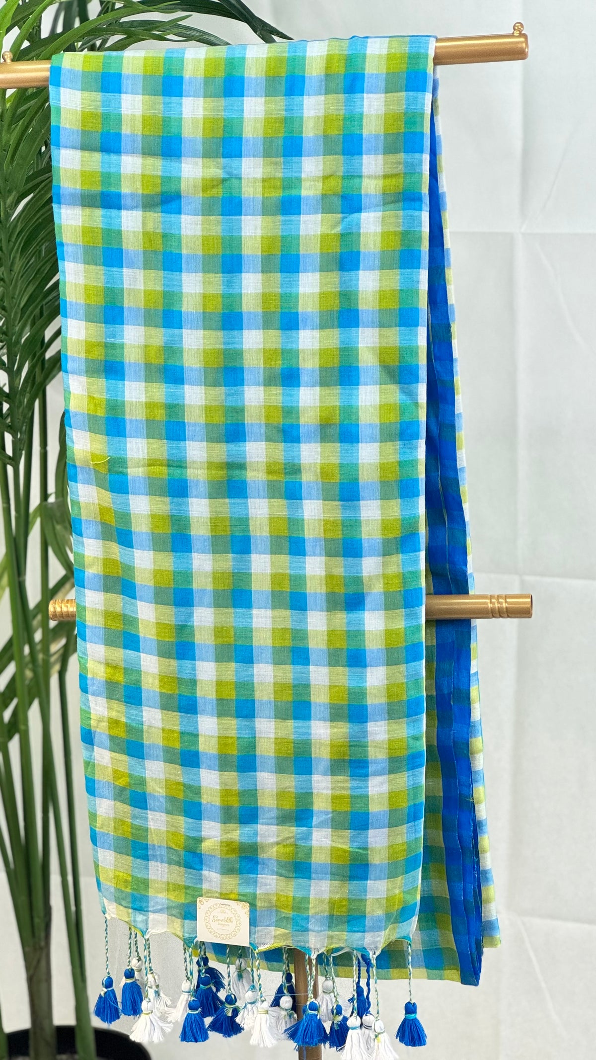 Lagoon Melody- Blue & Green Checkered Mul Cotton Saree with Tassels
