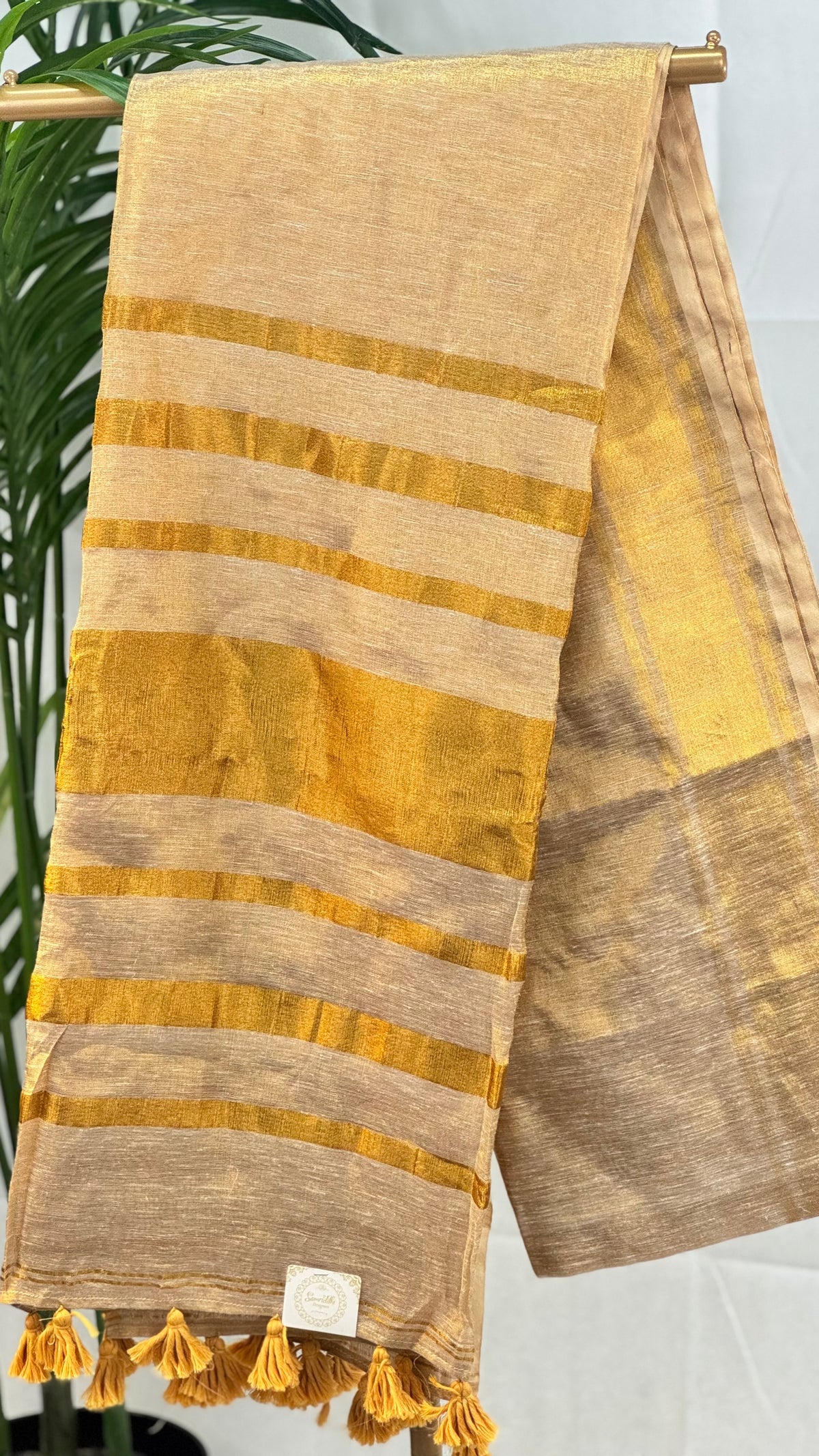 Elegant Linen Tissue Cotton Saree – Golden Beige with Zari Striped Pallu